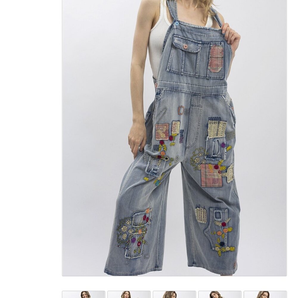 Blue Velvet Embroidery Patchwork Mineral Wash Overalls